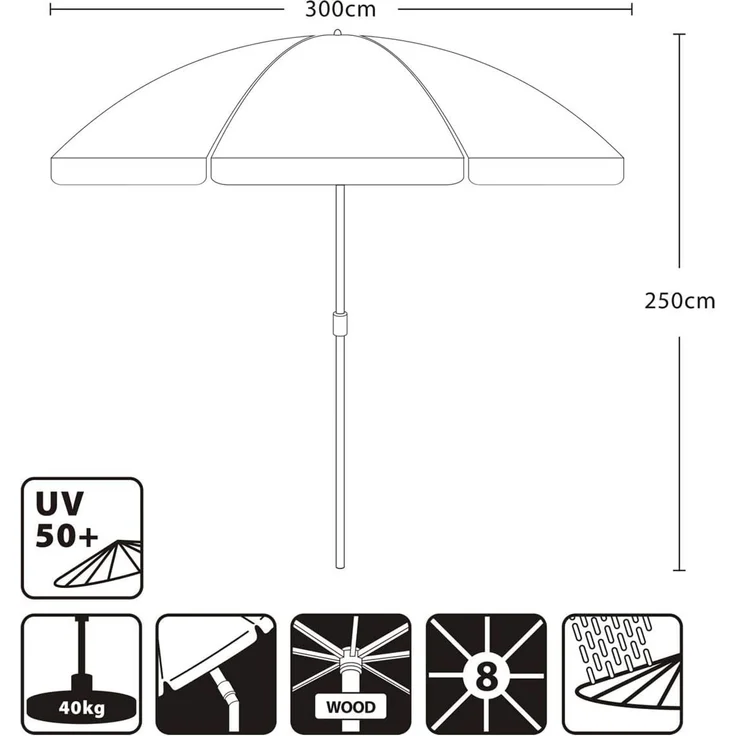 Sekey Sonnenschirm Ø 300 cm Sonnenschirm Holz Gartenschirm Knickbar, Sonnenschutz UPF 50+, LxB: 300,00x300,00 cm, Runder Terrassenschirm mit Volant – Bild 7