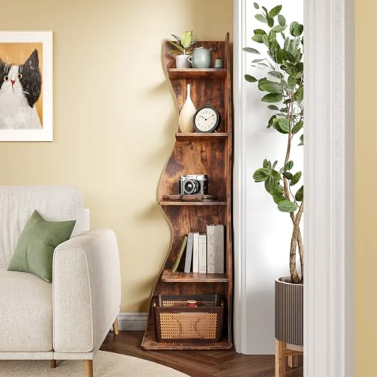 LITTLE TREE Bücherregal Ecke, Modernes Regal Schmal mit 6 Ebenen, 50 x 48 x 179 cm Bücherregal Holz, Standregal mit Wellen-Design für Kleine Räume, Wohnzimmer & Schlafzimmer, Rustikal, 2er Pack – Bild 7