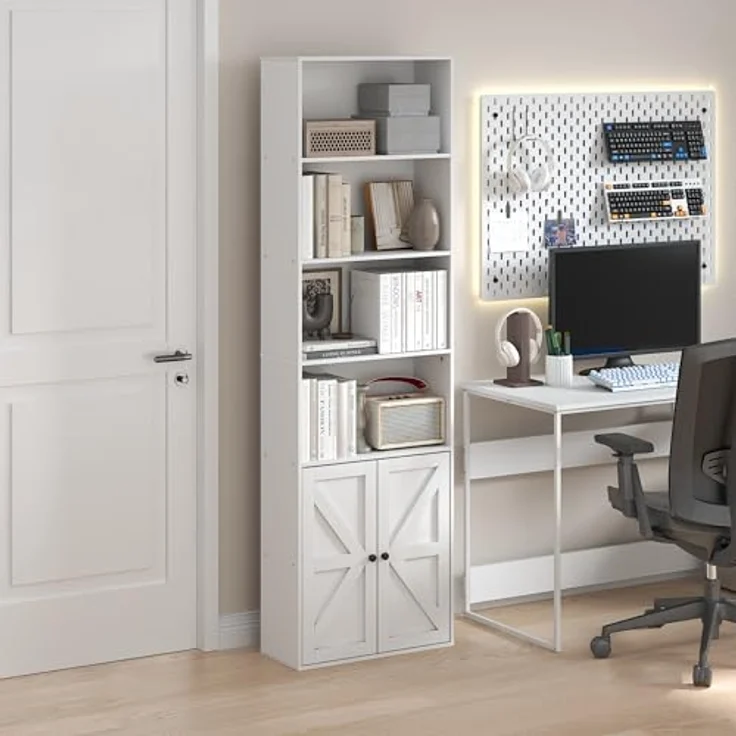 Furinno Jensen Landhausstil 6-stöckiges Ausstellungsregal, Bücherregal mit Türen, Weiß – Bild 2