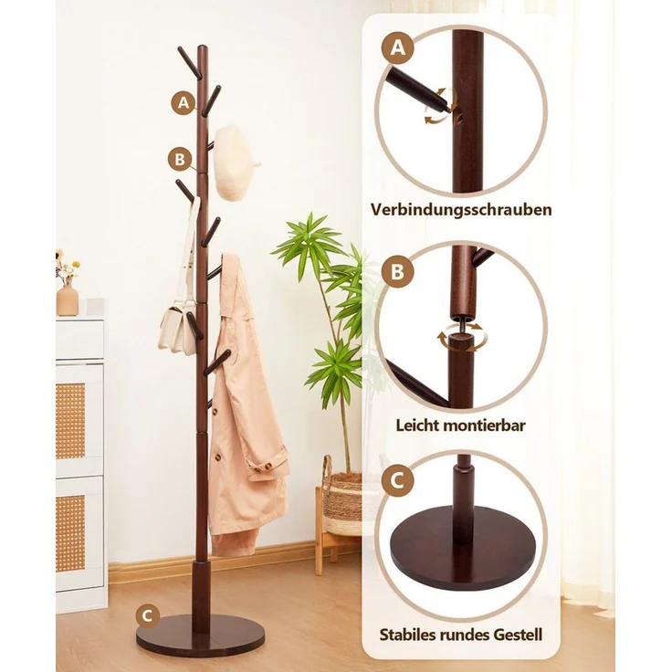 Yorbay Garderobenständer aus Buche Massivholz, Kleiderständer Baumform mit 9 Haken, 38 x 179 cm, Verstellbar Garderobenständer für Jacken, Hüte, Taschen, Braun – Bild 3