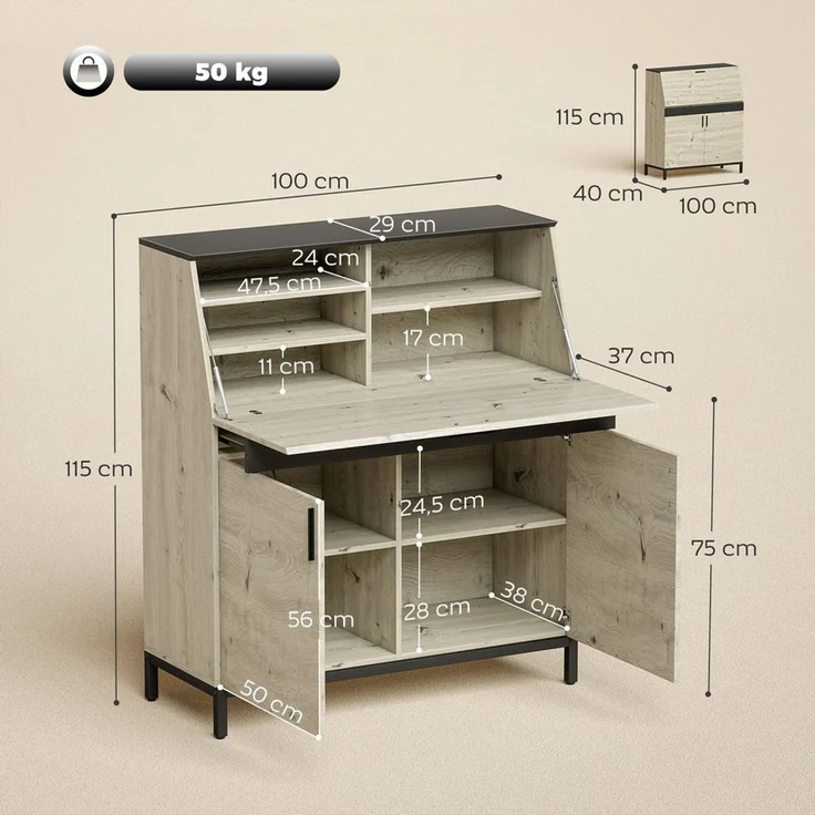 HOMCOM Schreibtisch Moderner Industrieller Computertisch (1 Tisch, 1-St, 1 Tisch), Klappbare Arbeitsstation mit viel Stauraum – Bild 2
