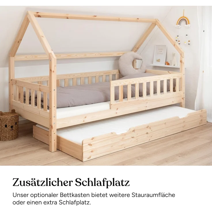 Ehrenkind® Hausbett | Kinderbett mit abnehmbaren Rausfallschutz aus Massivholz FSC zertifziert inkl. Lattenrost | Hausbett 90x200 | Kinderbett 90x200 Natur – Bild 6