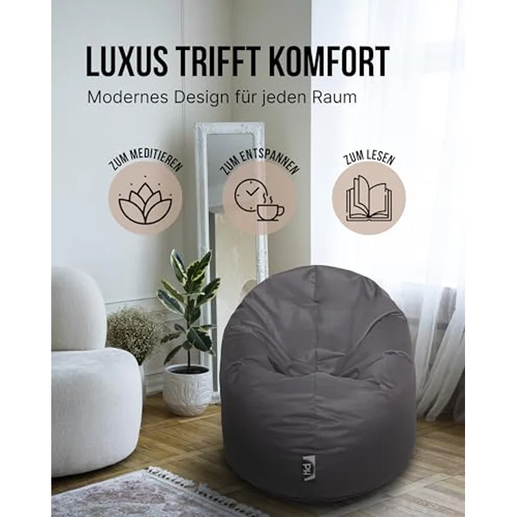 PATCH HOME 2 in 1 Funktion Sitzsack Sessel Bean Bag Sitzsäcke Gaming mit Reißverschluss bereits befüllt - Ø 125cm -Anthrazit – Bild 9