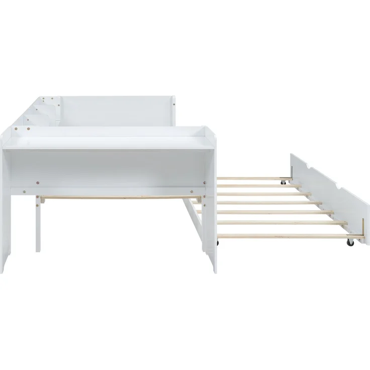 Multifunktionales Kinderbett 90x200 cm mit ausziehbarem Rollbett, Schreibtisch und Regalen, robustes Holz – Bild 7