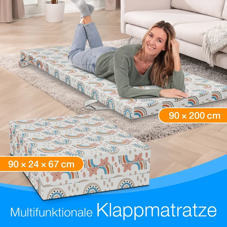 ELONEO Klappmatratze 90x200 cm, 8 cm hoch, Gästematratze klappbar, Faltmatratze, Faltbare Matratze, Bandscheibenwürfel, Reisematratze, Gästebett klappbar, Klappbett waschbar, Regenbogen – Bild 3