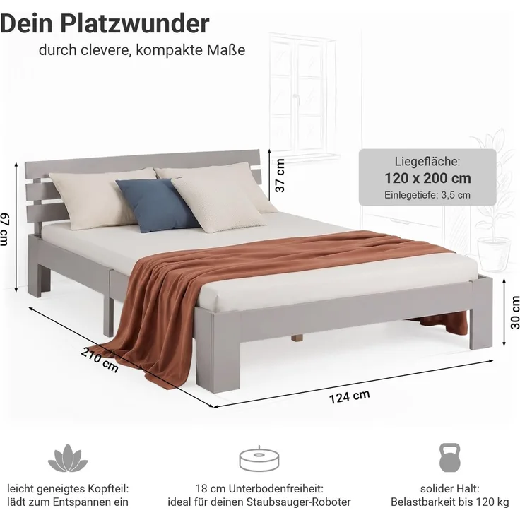 Homestyle4u Futonbett, massives Kiefernholz, Grau, 120x200 cm