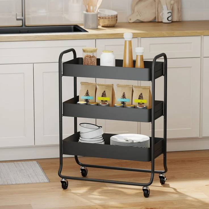 MELAYR, Küchenwagen, 3 Körbe, 4 Rollen, Metall, Schwarz, 64.5 x 34 x 87 cm – Bild 4