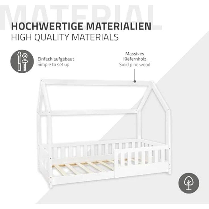 ML-DESIGN Kinderbett Hausbett Spielbett inkl. Lattenrost kreativ Bodenbett für Kinder, Abenteuerbett mit Rausfallschutz Spielbett Kiefer Weiß Himmelbett – Bild 9