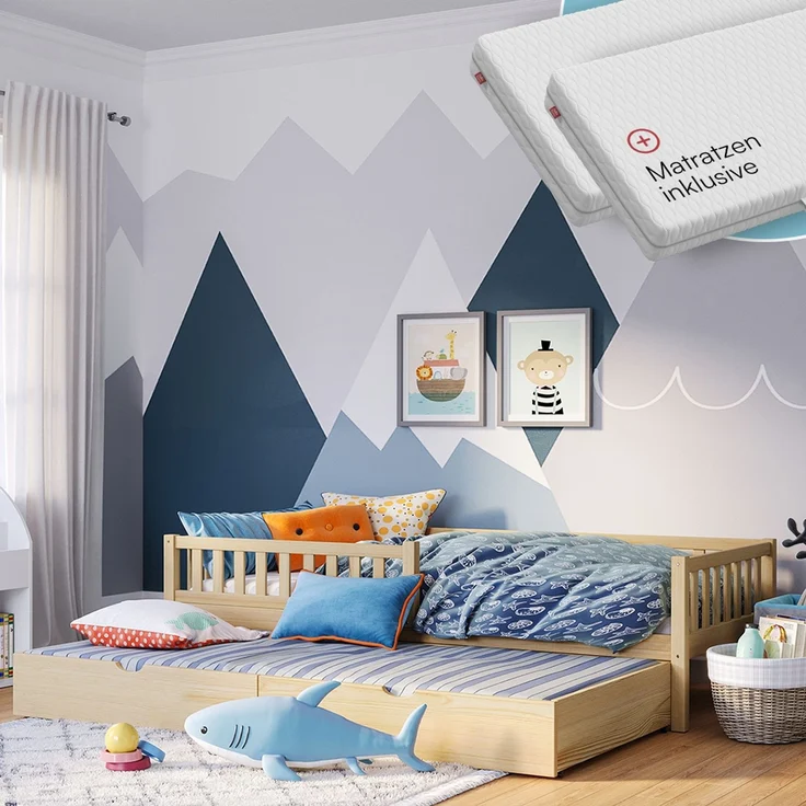 Bellabino 'Vils' Kinderbett 90x200 cm mit Gästebett 90x190 cm und 2 Matratzen, natur, Kiefer Massivholz, Montessori Bett mit Ausziehbett, mit abnehmbarem Rausfallschutz und Lattenrost – Bild 1