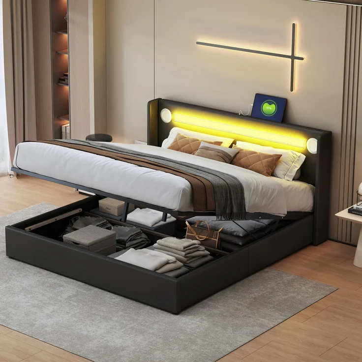 Polsterbett 160x200 Bett mit LED-Lichtleiste, Bluetooth-Player und USB-Aufladung, Stauraumbett aus PU-Leder, Hochbettkasten, Doppelbett mit Lattenrost Schwarz – Bild 2