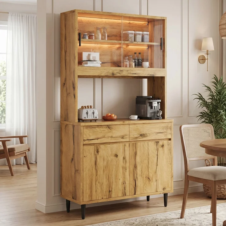 Buffetschrank 100x40x185 cm aus Holzwerkstoff in Eiche mit Glastüren, LED-Lichtleiste und Steckdosen – Bild 4