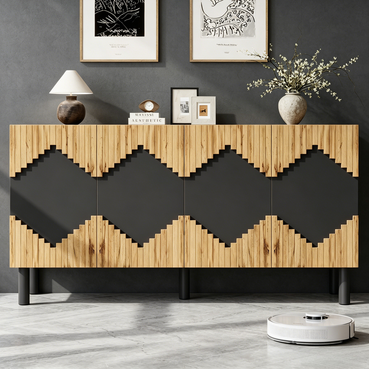 ZUBALIYA Sideboard 140x40x70 cm, mit 2 Türen, aus MDF / Spanplatte, Natur / Schwarz – Bild 17