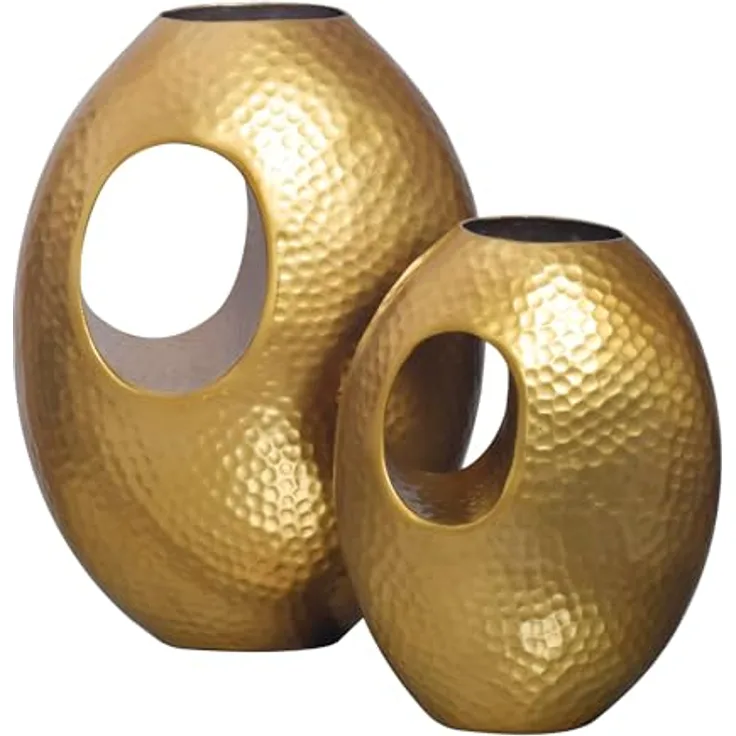 WOHNLING Deko Vase 2er Set Aluminium Gold, handgefertigte Blumenvase mit Tragegriff und gehämmerter Oberfläche, für echte und Kunstblumen, moderne Tischvase