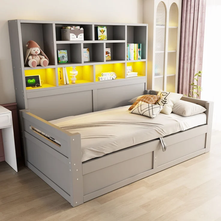 Schlafsofa aus Holz, 90 x 200 cm, Multifunktionaler Stauraum mit LED-Beleuchtung, Hydraulisches Staufach, Einzelbett, Jugendbettgestell mit Steckdosen, Grau – Bild 2