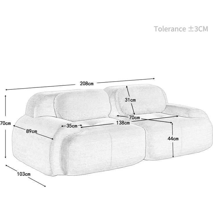 2-Sitzer Sofa 208x103x75 cm aus Cordstoff modular ohne Gestell, braun – Bild 4