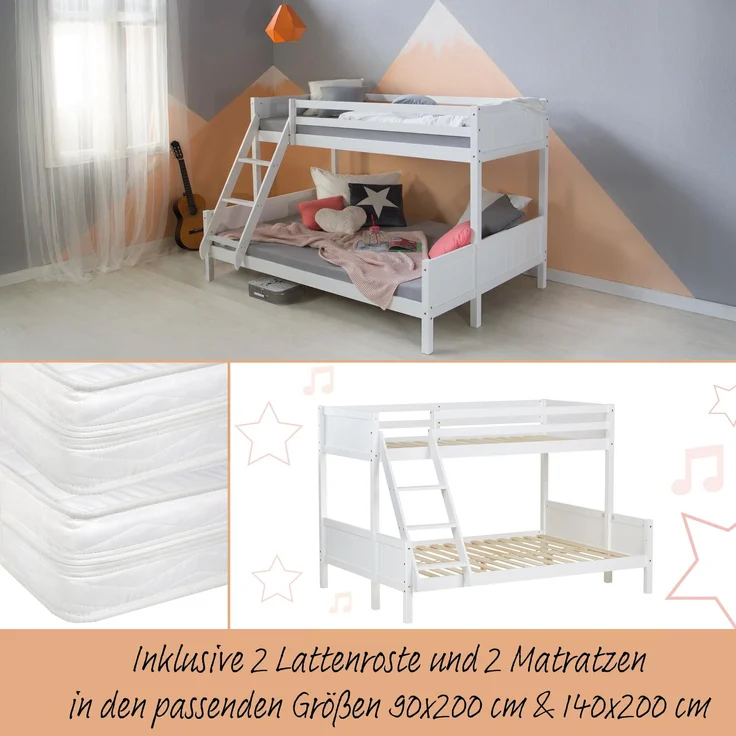 Kinderbett Etagenbett 90x200 und 140x200 Jugendbett Hochbett Weiß Holz inklusive Matratzen – Bild 10