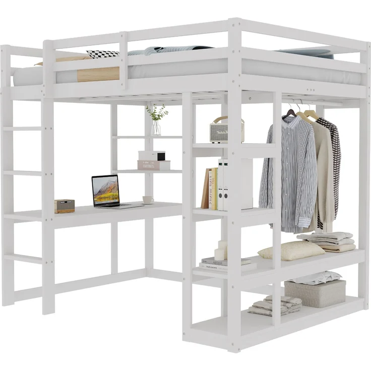 Hochbett 140x200 cm mit Schreibtisch und Stauraum,Kinder- & Jugendbett aus Massivholz,Leiter & Regale,Weiß – Bild 6