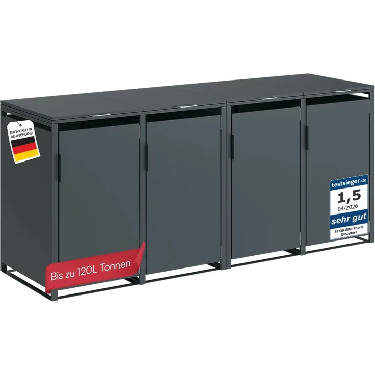 STEELSØN 'Thoria' Mülltonnenbox 4er je 120 Liter, anthrazit, Mülltonnenverkleidung aus Stahl, wetterfest, 102x62x234 cm, Müllbox für 4 Tonnen – Bild 1