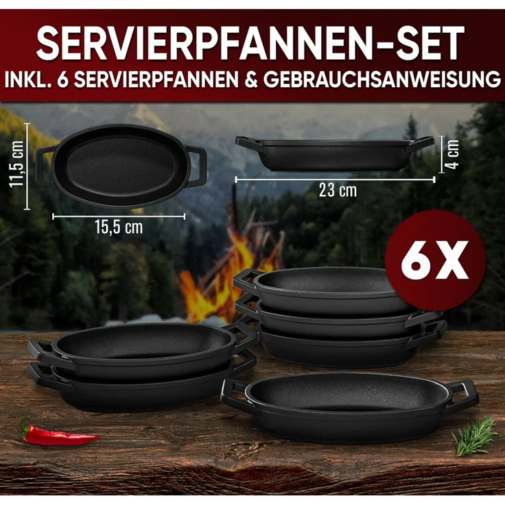 6er Mini Servierpfannen-Set oval – für Induktion & Grill, hitzebeständig, ideal zum Servieren, Überbacken & Warmhalten – Bild 2