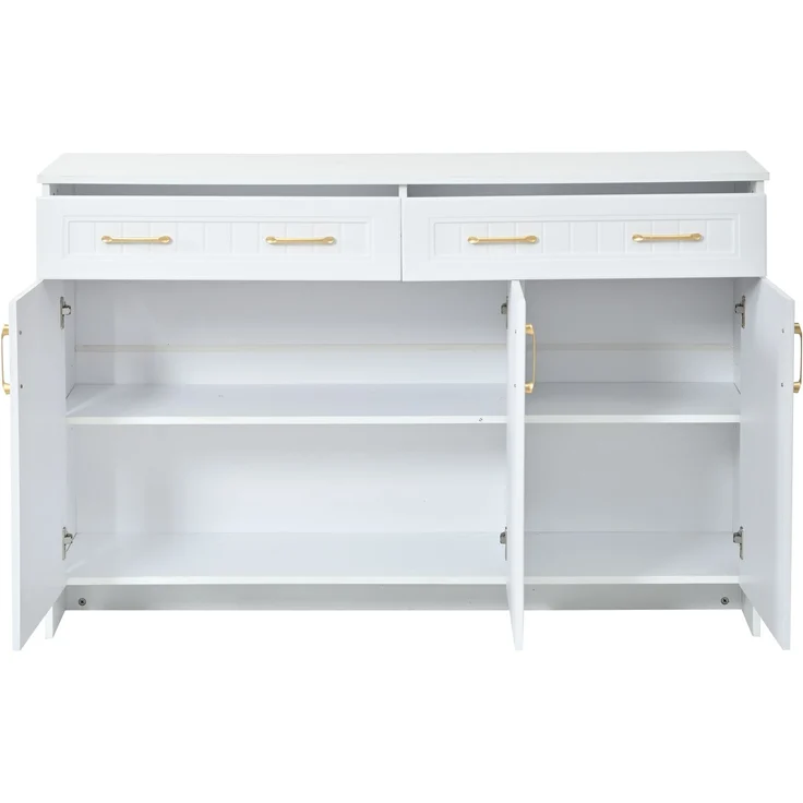 Flieks Sideboard 140 x 40 x 90 cm mit 2 Schubladen, 3 Türen, verstellbaren Einlegeböden und goldenen Griffen, Weiß – Bild 8