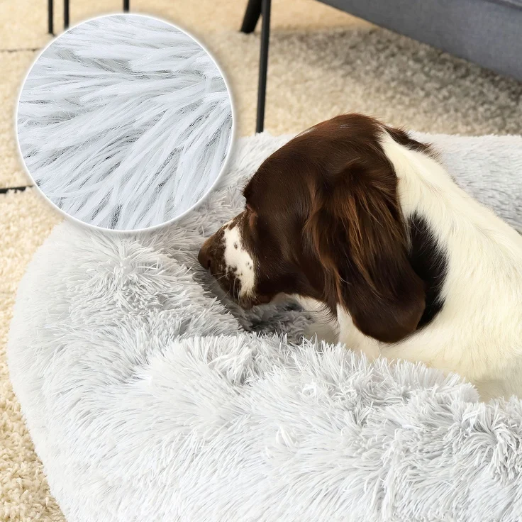 lionto Donut Hundebett, rundes Hundesofa mit Plüschbezug & Anti-Rutsch-Noppen, weich & gemütlich, 100 cm Durchmesser, hellgrau – Bild 4