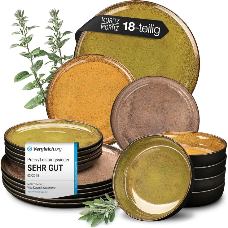 Moritz & Moritz VIDA Geschirrset 6 Personen Vintage 18-tlg. - Modernes Porzellan Geschirr Set - Kratz-, Mikrowellen- & Spülmaschinenfest, Essgeschirr, Tafelservice, Kombiservice 6 Personen – Bild 1