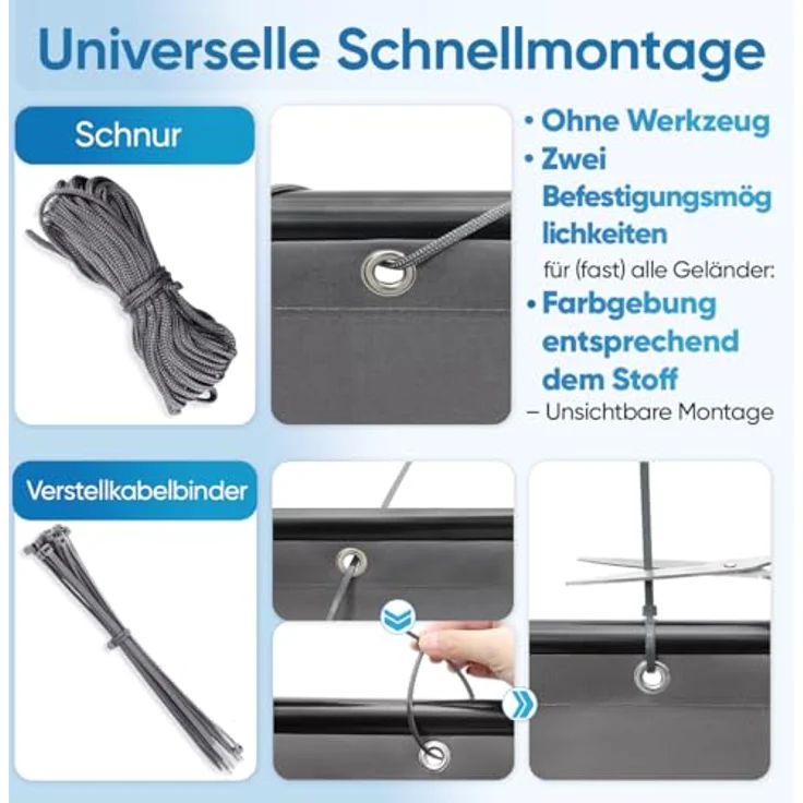 Sekey Balkon Sichtschutz Balkonabdeckung Balkonverkleidung blickdichte Wind- und UV-Schutz, 100% Privatsphäre, mit Ösen, Nylon Kabelbinder und Kordel, 120x900cm, Anthrazit – Bild 5
