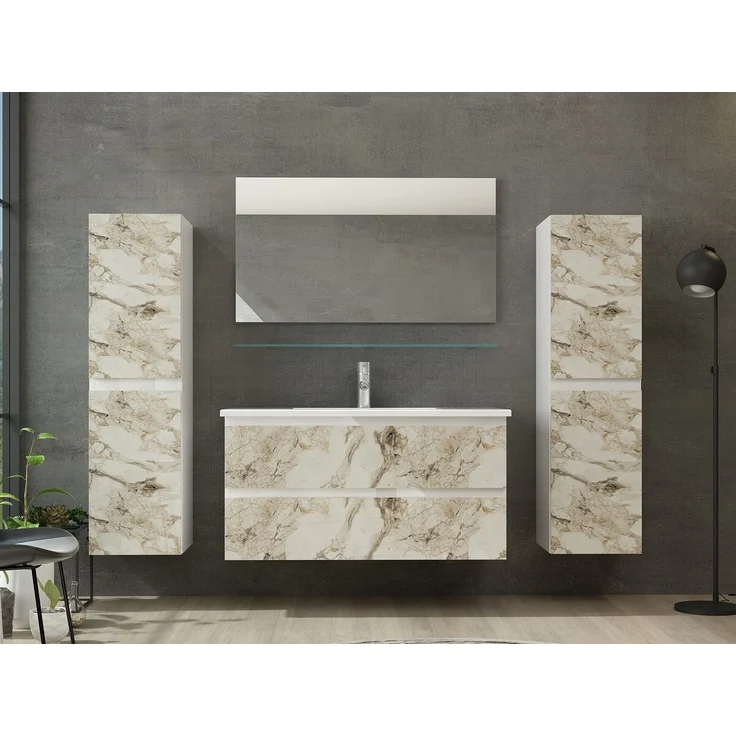 Homeline Badmöbel Set mit Schubladen Glas ablage (Diana Weiss Weiss-Marmor, 90 cm 2X Hochschrank) – Bild 2