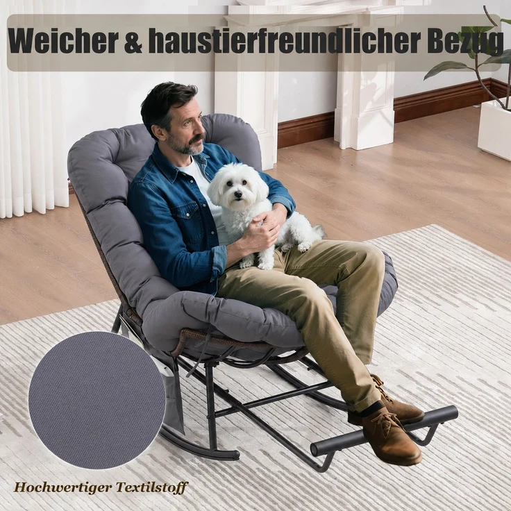 LVHOM Schaukelstuhl mit ausziehbarer Fußstütze, Rattanstuhl mit Stahlrahmen, Schaukelsessel mit gepolstertem Kissen und Seitentasche, wasserabweisend, Dunkelgrau – Bild 5