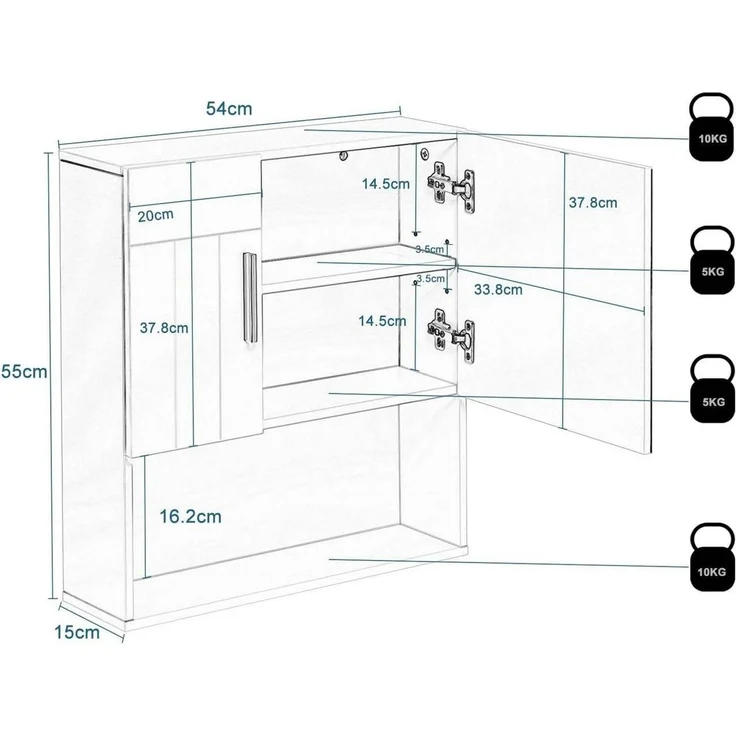EUGAD Spiegelschrank (1-St) mit Tür, 5 Fächern, aus E1-MDF, Weiß, 54x55x15cm – Bild 2