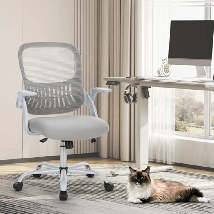 Sweetcrispy Bürostuhl Ergonomisch, Schreibtischstuhl mit Lendenwirbelstütze, Höhenverstellbarkeit Stuhl, Bürostühle mit Armlehne, Office Chair Geeignet für Büro und Schlafzimmer, Grau – Bild 3