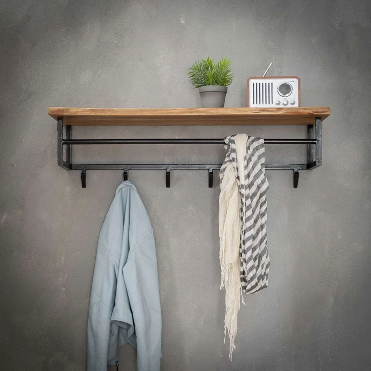 Garderobe Bord aus massivem Akazienholz, modern mit Hutablage und 6 Haken, Natur – Bild 4