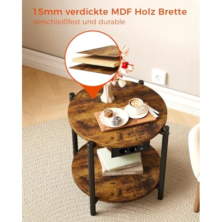 IRONCK Beistelltisch rund, Couchtisch mit Steckdose, Kleiner Tisch Holz, Wohnzimmertisch 2 Ablagen,Sofatisch,USB & Type-C-Anschluss, Metallrahmen, Nachttisch für Schlafzimmer (Vintagebraun, 2 Stücke) – Bild 5