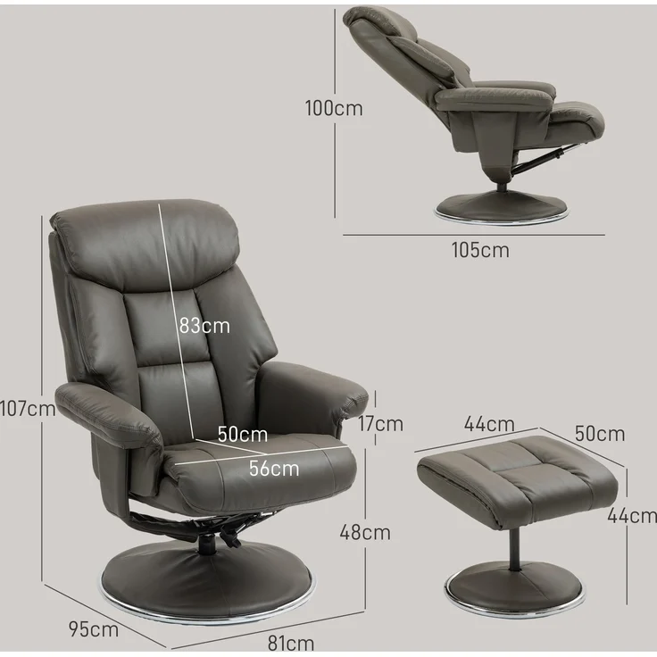 Relaxsessel mit Hocker, Rückenlehne verstellbar, Kunstleder, bis 150 kg, Grau--Grau--81x95x107cm--YOUDENOVA – Bild 5
