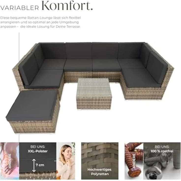 tectake XXL Polyrattan Lounge, Gartenmöbel Set, Sitzgruppe, Balkon Möbel mit 6 Sitze 1 Tisch 1 Hocker, inkl. Sitzkissen, Gartenlounge Outdoor, wetterfest, für Garten, Balkon, Terrasse - Natur – Bild 3