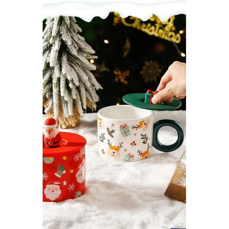 Weihnachtstasse Weihnachtsbecher Kaffeetasse mit Deckel 420ML Porzellanbecher – Bild 6