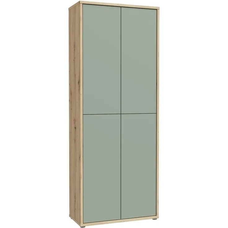 Forte ALICE SPRINGS Schuhschrank 70 80, moderner Flurschrank mit 4 Türen und 8 Einlegeböden, Holzwerkstoff, Salbei / Artisan Eiche Holzdekor, 74,5 cm breit x 191,9 cm hoch x 34,9 cm tief