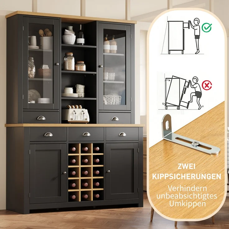 Merax Mehrzweck-Hochschrank für Zuhause mit Kippschutz, Standschrank für Küche und Wohnzimmer mit Glastür, Metallgriffen und Soft-Close-Funktion, herausnehmbares Weinregal, Schwarz – Bild 5