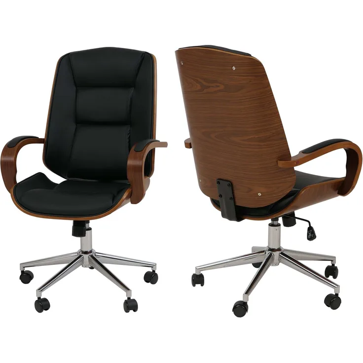 Bürostuhl HWC-O83, Drehstuhl Chefsessel, Kunstleder (280g/m²) Bugholz FSC®-zertifiziert Walnuss-Optik ~ schwarz