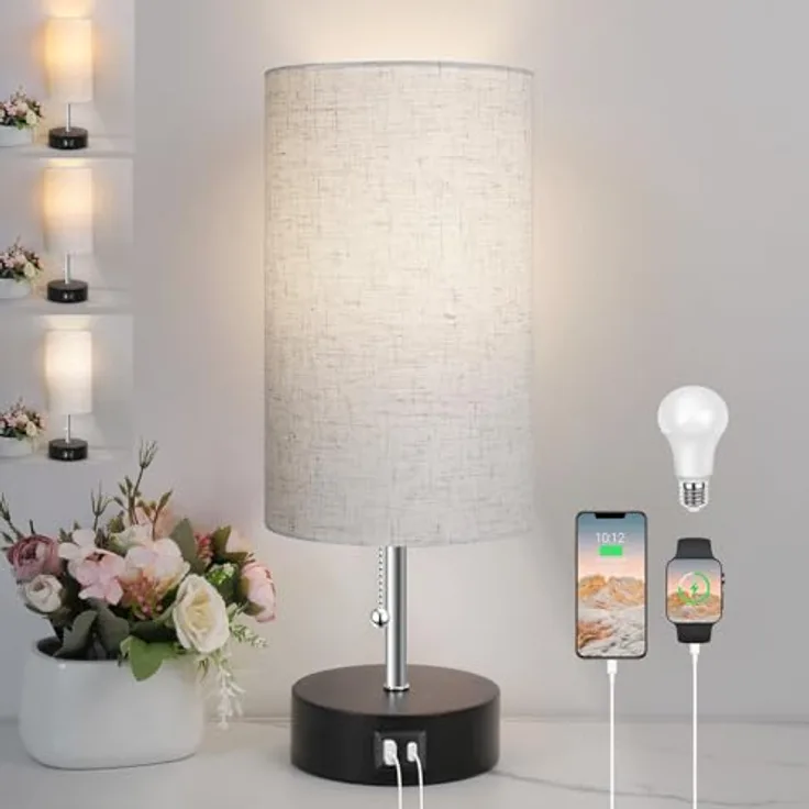 ROTTOGOON Nachttischlampe, Tischlampe mit USB A & C Ladefunktion, Otmeal | mit LED Glühbirne, 3000K/4000K/5000K, für Schlafzimmer Wohnzimmer