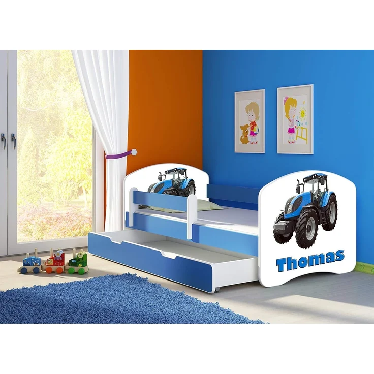 ACMA Kinderbett Jugendbett mit Einer Schublade und Matratze Blau mit Rausfallschutz Lattenrost II 140x70 160x80 180x80 (42 Traktor, 160x80 + Bettkasten) – Bild 3