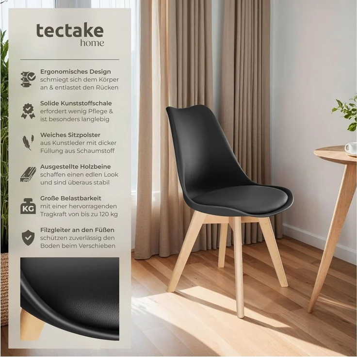 tectake Esszimmerstuhl Küchenstuhl Scandi-Design, gepolsterte Sitzfläche, 49 x 53 x 82 cm (Polsterstuhl Frederikke in schwarz, 4 St), ergonomische Form, massive Holzbeine, bodenschonende Filzgleiter – Bild 2
