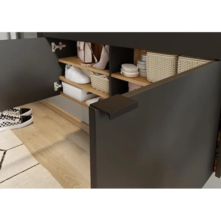 XXXL Garderobe GW-Ameca, 2-teilig in Graphit und Navarra-Eiche mit Spiegel, Schuhschrank für bis zu 12 Paar Schuhe, 110x200x22 cm – Bild 4
