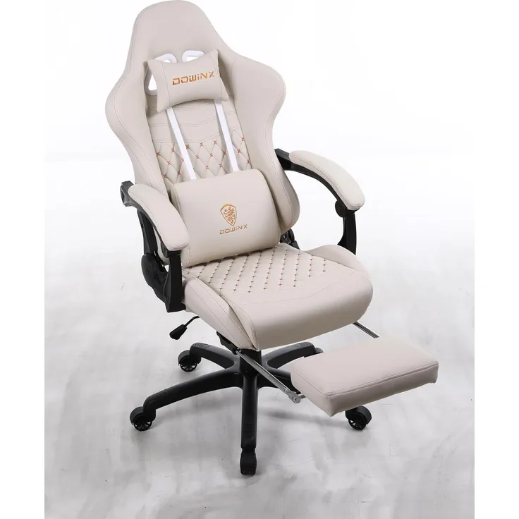 Dowinx Gaming Stuhl Bürostuhl Ergonomischer PC-Stuhl mit Massage Lendenwirbelstütze, Racing Stil PU Leder Hohe Rückenlehne Verstellbarer Drehsessel mit Fußstütze (Elfenbein weiß)