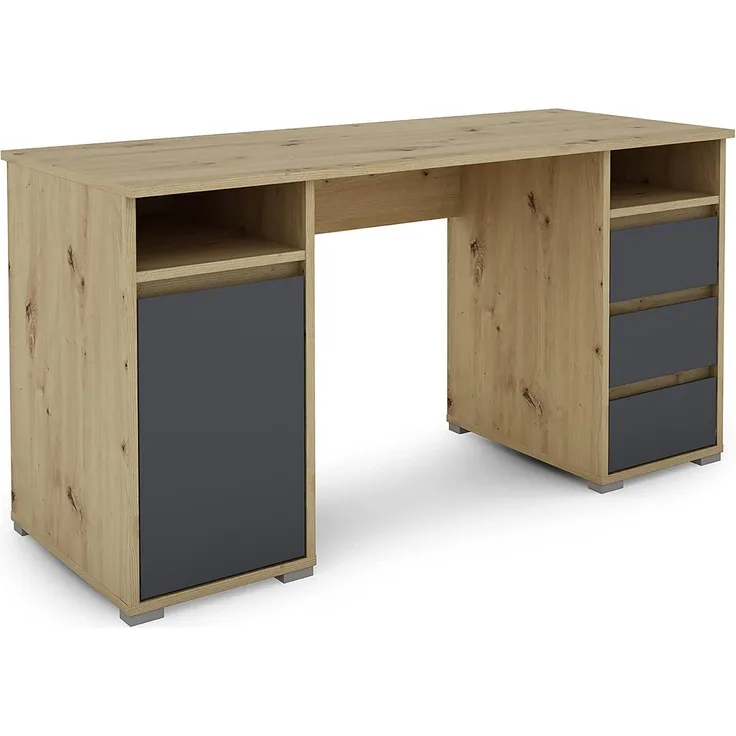 byLiving 'Lobo' Schreibtisch in Eiche-farben, mit 3 Schubladen, 1 Tür und 2 offene Fächer, Artisan Eiche/Anthrazit, 138 x 75 x 55 cm