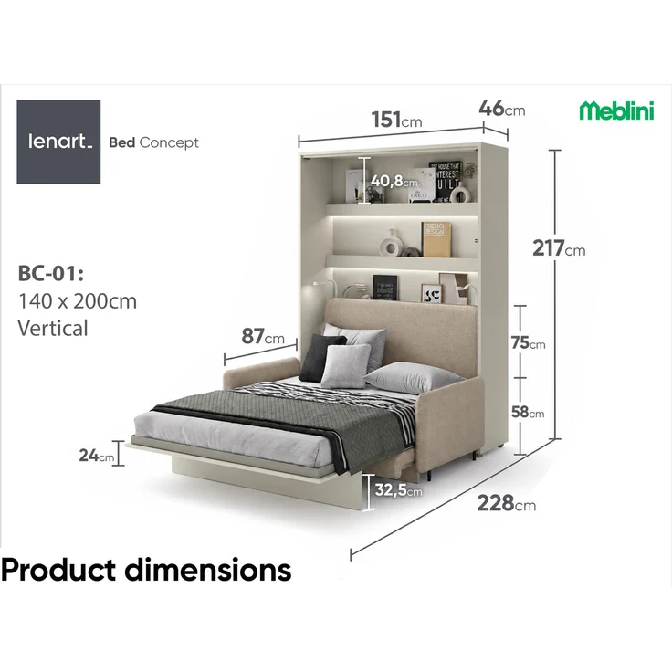 MEBLINI Schrankbett BC-01 - 140x200cm Vertikal - Kaschmir/Beige mit Matratze - mit Sofa - Wandbett mit Lattenrost - Klappbett mit Schrank - Wandklappbett - Murphy Bed – Bild 7