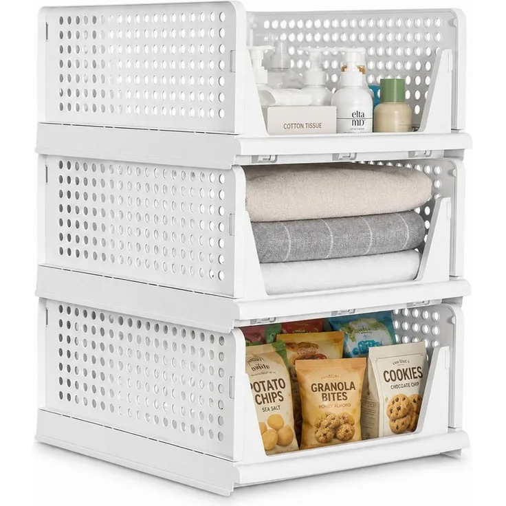 BlingBin Aufbewahrungskorb 3er Set Aufbewahrungskörbe stapelbare, Schrank Organizer (ordnungssystem, 3 St, 3tlg), ausziehbar Aufbewahrungsbox, für Bad Küche Schlafzimmer, Weiß