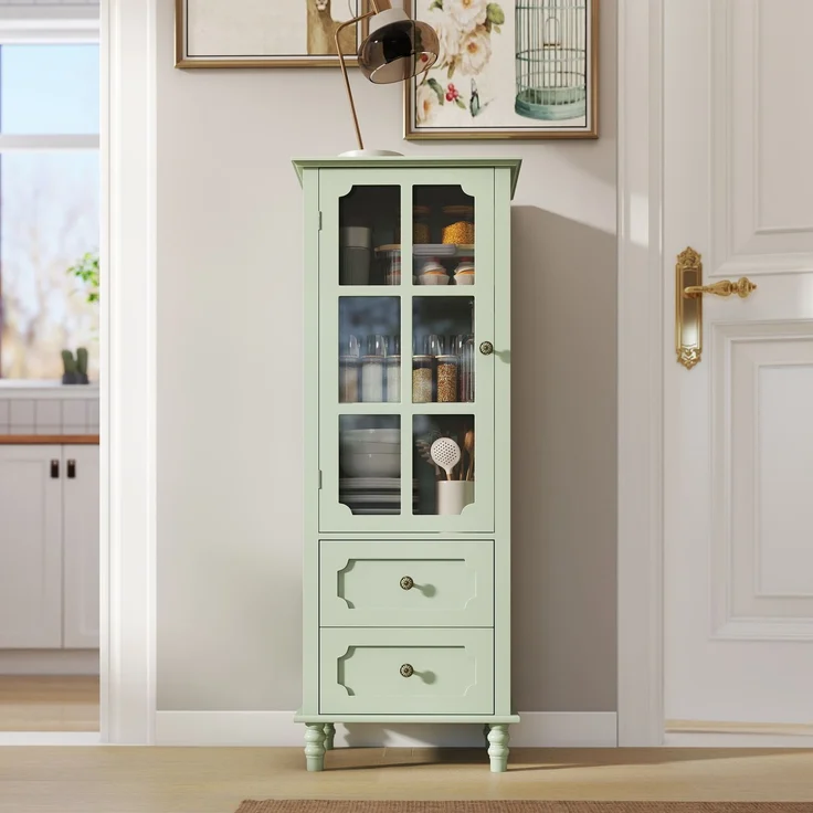 Mintgrüner Vitrinenschrank mit Glastür und 2 Schubladen, Vintage Hochschrank aus MDF mit Massivholzbeinen, Saugroboter-tauglicher Aufbewahrungsschrank für Wohnzimmer, Esszimmer, Flur--Grün--50x40x133cm--YOUDENOVA – Bild 2