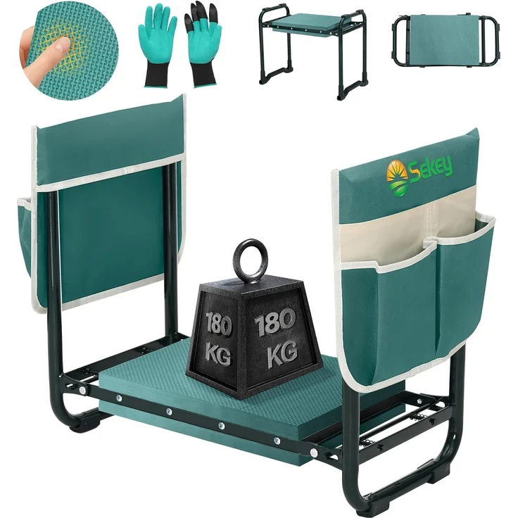 Sekey Höhenverstellbare Kniebank für Gartenarbeit Belastbarkeit 180KG, Gartenhocker Klappbar mit Werkzeugtaschen, Knie Komfort Garten, Grün – Bild 1