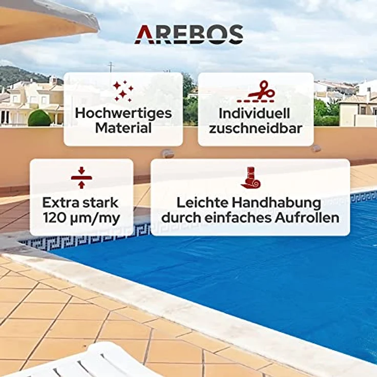 Arebos Solarabdeckplane Solarplane 120 µm Pool-Abdeckplane mit Wärmefolie (Stück, blau), 120mic – Bild 4